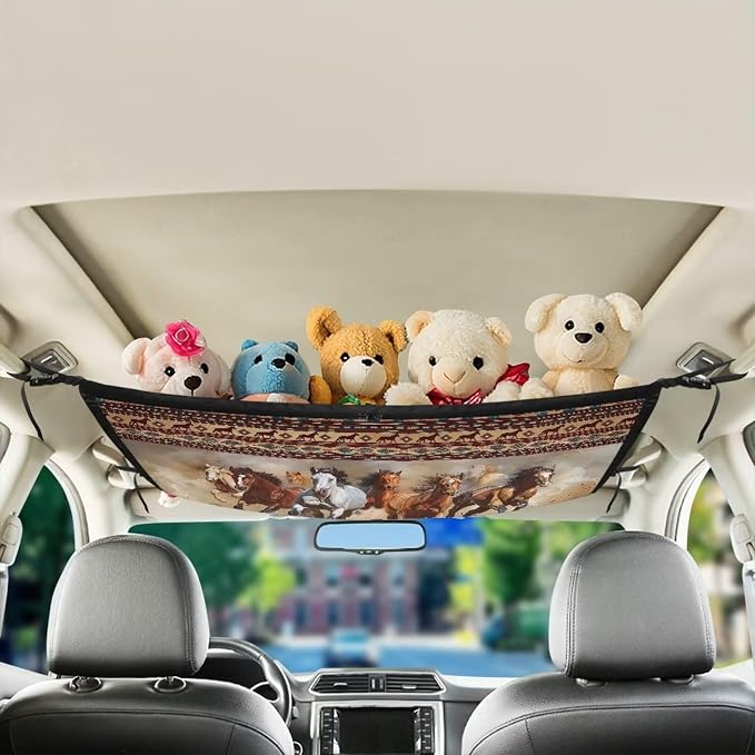 Dreaweet Aztec Horse Car Ceiling Cargo Net Pocket,Adjustable Car Ceiling Storage Net Double-Layer Car Roof Organizer with Zipper,Car Camping Accessories Cargo Net for SUV Mini Van Truck