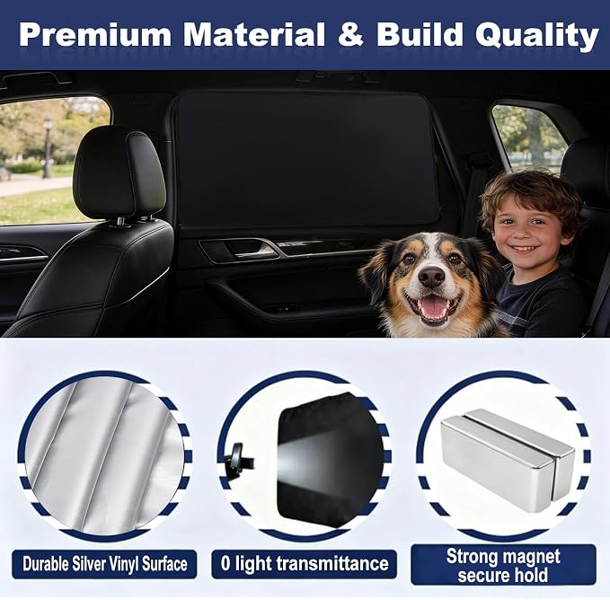 XCBYT Car Window Shades for Back Seat Windows, 100% Blackout, 4 Pack | Heat & UV protection, Privacy for camping, baby sleep, work break, road trip. Fits steel frames only, measure size before buy