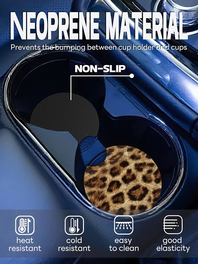 WOCOCN Car Coasters,Cup Holder Coasters for Car,2.75inch Anti Slip and Absorbent,Cute Automotive Interior Accessories for Cup Holder,Pack of 2 (Brown Leopard Print)