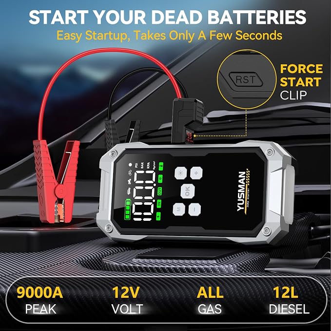 Jump Starter with Air Compressor, 9000A 160PSI Battery Booster Pack | For 12V vehicles, ALL gas and 10.0L diesel, with display, smart clamps, tire inflator, 2 USB-A ports, and 2 LED lights