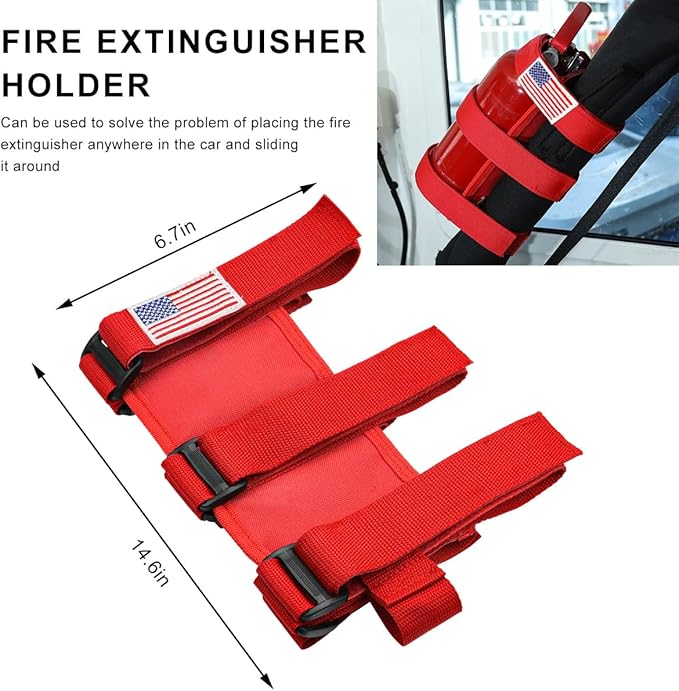 Fire Extinguisher Holder, Roll Bar Adjustable Extinguisher Strap Brackets with USA Flag Pattern, Secure Fire Extinguishers Mount Replacement for Wrangler CJ JK JKU TJ JL JLU (Red)