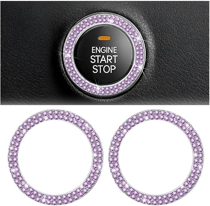 Bling Car Engine Start Ring Decals, 2PCS Sparkling Crystal Rhinestone Vehicle Push to Start Button Sticker, Diamond Auto Key Ignition Knob Decorative Ring, Universal for Vehicles (Light Purple)