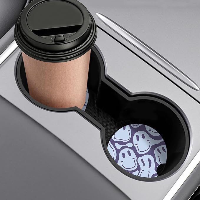 Car Coasters,Purple Smily Absorbent 2 Pack for Cup Holders with Finger Notch,2.56 inches Ceramics Heat Resistant Anti Slip Cork Base Car Drinks Coasters Auto Cup Holder(Blue Smily)