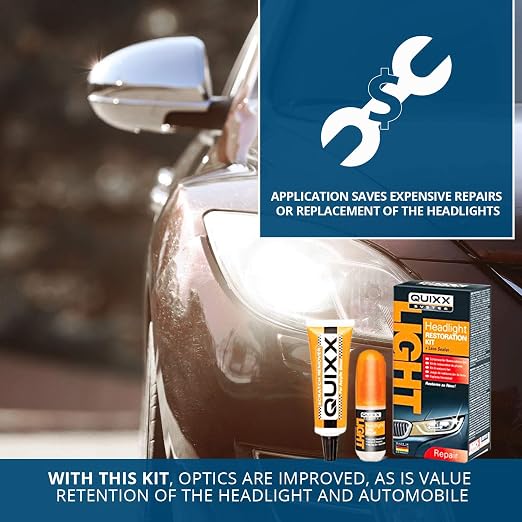 QUIXX QHRK1 Reliable Headlight Restoration Kit, Includes 50g Headlight Polish, 30ml Sealing, Sanding & Polishing Block, 12 Abrasive Papers and 4 Polish Cloths, Can Save a Vehicle from an MOT Failure, Increase Safety
