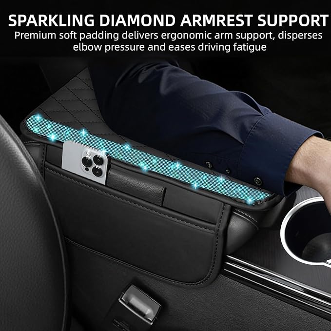 NBTEPEM Bling Car Center Console Cover, Leather Car Arm Rest Cover Cushion with 2 Storage Bags, Universal Auto Armrest Protector Storage Box, Bling Accessories Interior for Most Vehicles (Aquamarine)