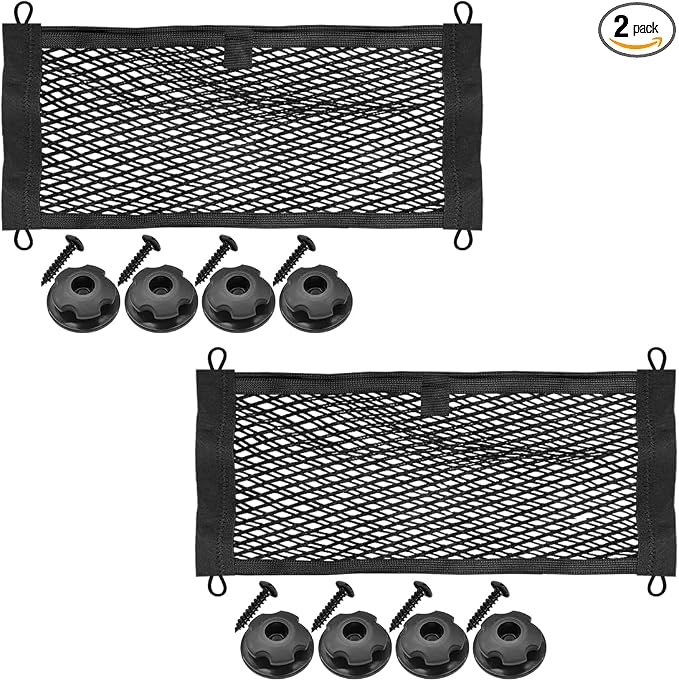 Craedli 2PCS Small Cargo Net, Elastic Stretchable Mesh Net Pocket with Mounting Screws and Hooks, Universal Automotive Trunk Netting Storage Pouch for Car, Truck, SUV, Boat, RV(29 x 9.8 Inch)