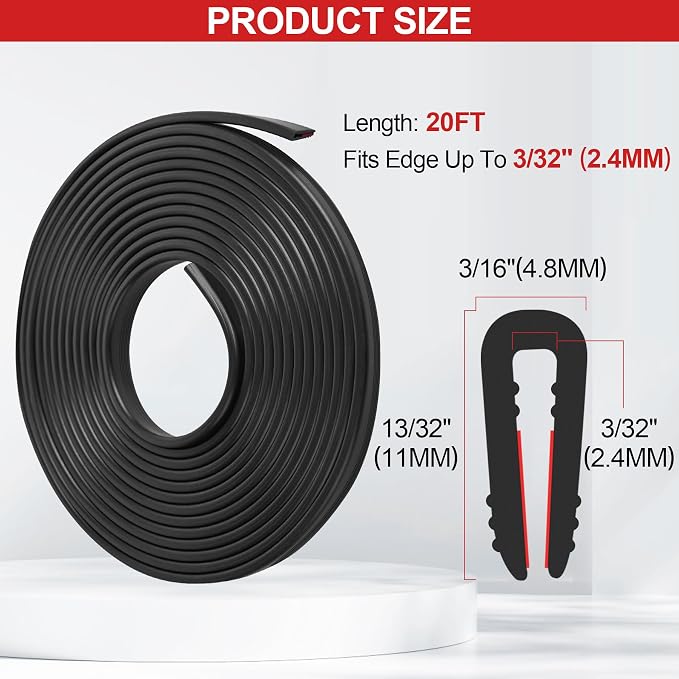 ToLanbbt Rubber Edge Trim U Channel, 3/32" Self Adhesive Sheet Metal Edge Guard Protector, EPDM Seal Strip for Car Doors, Steel Plates, Glass, Hatches, Table Corners, Fit 3/32"(2.4mm), 20Ft, Black