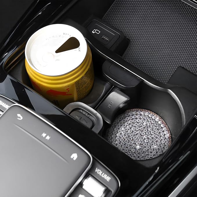 Bling Car Cup Holder Coaster, 2PCS 2.75 Inch Crystal Rhinestone Anti Slip Vehicle Drink Cup Mat for Women Girls, Auto Interior Embedded in Ornaments. Universal Fit (Golden Diamond)