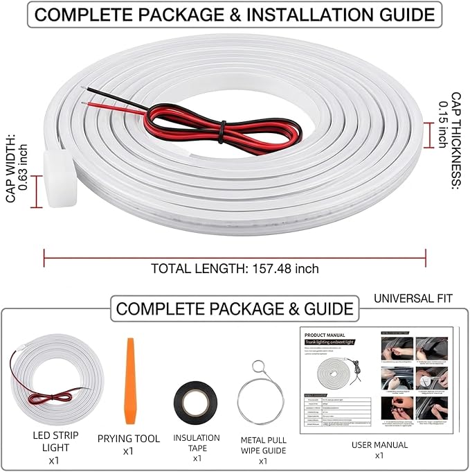 Car Trunk LED Strip Lights, 157.48" High Bright White Interior Light | Flexible Waterproof Silicone Trunk LED Strip, Cuttable with Pin Installation, Interior Ambient Light Kit for SUV & Sedan