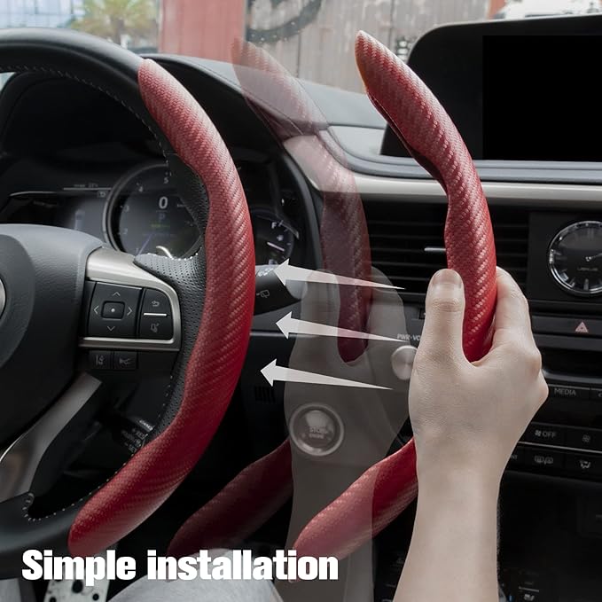 Amiss 2pcs Carbon Fiber Anti-Skid Steering Wheel Cover, Waterproof & Segmented Butterfly Design, Universal 99% Vehicle Wheel Cover Protector, Car Interior Accessories (Red-2pcs)