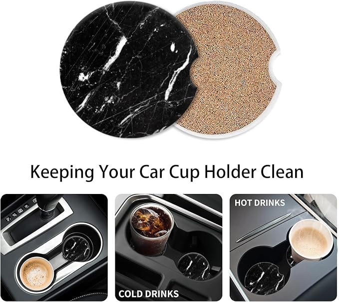Cup Holder for Car,Black Marble Clean Style Ceramic Coasters Non-Slip Cup Holder Insert with Fingertip Grip, Auto Interior Accessories for Women & Men,Pack of 2, 2.56In