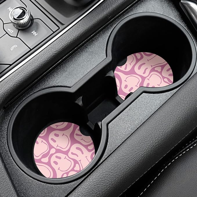 Car Coasters,Purple Smily Absorbent 2 Pack for Cup Holders with Finger Notch,2.56 inches Ceramics Heat Resistant Anti Slip Cork Base Car Drinks Coasters Auto Cup Holder(Pink Smily)