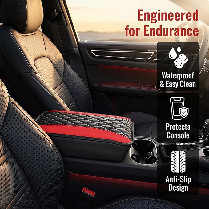 Moly Magnolia Car Center Console Cushion Pad, Universal Leather Waterproof Armrest Seat Box Cover Protector,Comfortable Car Decor Accessories Fit for Most Cars, Vehicles, SUVs (Black Red)