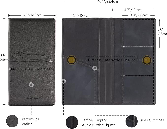 TOURSUIT Car Registration & Insurance Card Holder, Black | Vehicle License Document Organizer, Glove Box Compartment, Interior Car Accessories, For Women Men