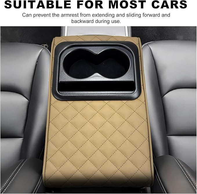 Car Center Console Armrest Pillow, Memory Foam Auto Armrest Box Cover with Cup Holder & Phone Holder, Waterproof Leather Arm Rest Protector Cushion, Interior Car Accessories (Diamond, Beige)