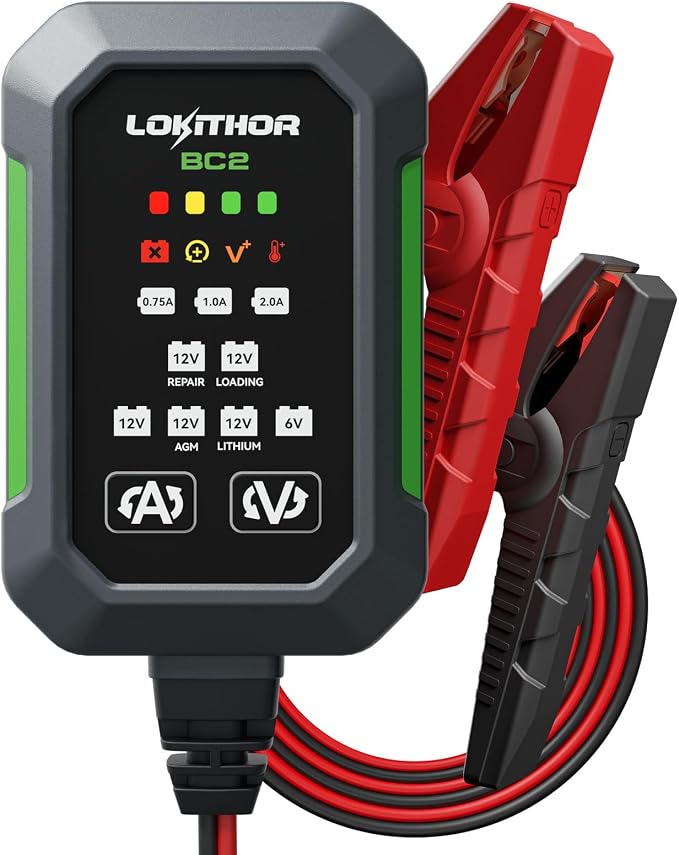 LOKITHOR BC2 Car Battery Charger 2A/1A/750mA Adjustable Currents, 6V/12V Automatic Battery Maintainer, Trickle Charger & Desulfator with Overcharge Protection, Double Pulse Repair, Forced Charging