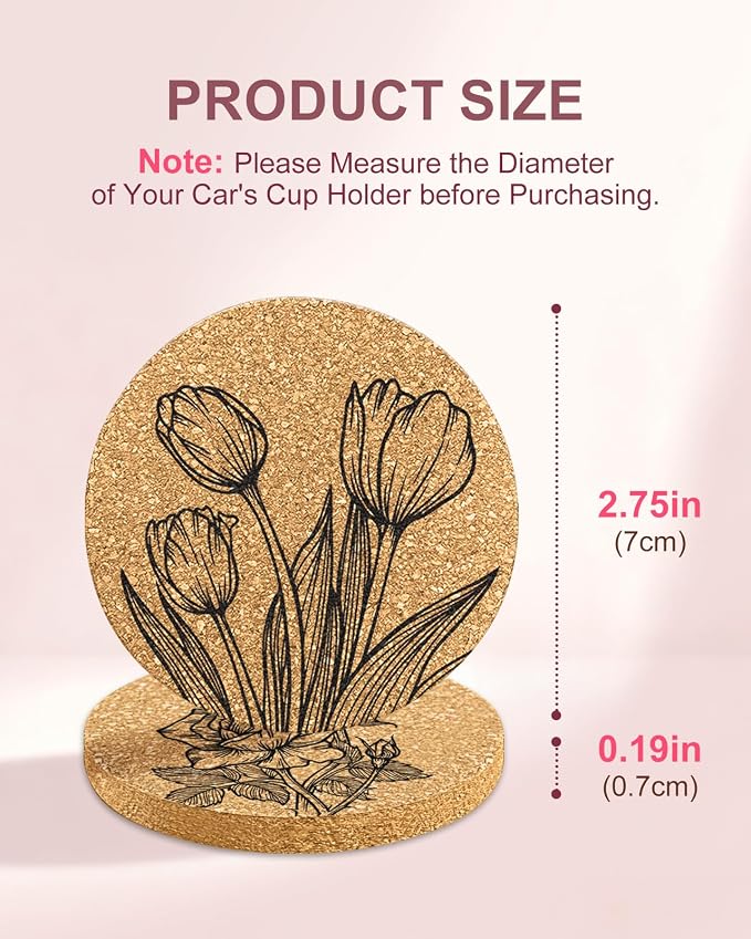 Swooflia Car Coasters for Women - Flower Cork Car Cupholder Coaster Cool Absorbent Mat Coaster with Cork Base 2 Pack Automotive Cup Holder Accessories New Driver Gifts for Decor