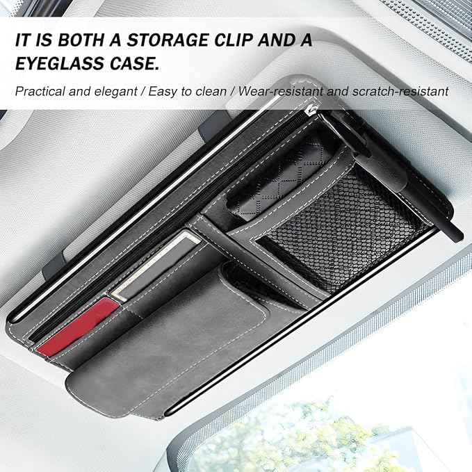 Car Sun Visor Organizer, Multi-Pocket Vehicle Sun Visor Storage Pouch with Sunglasses Box, Auto Interior Sunshade Eyeglasses Card Holder Organizers, Universal for SUV Sedan Truck (Gray)