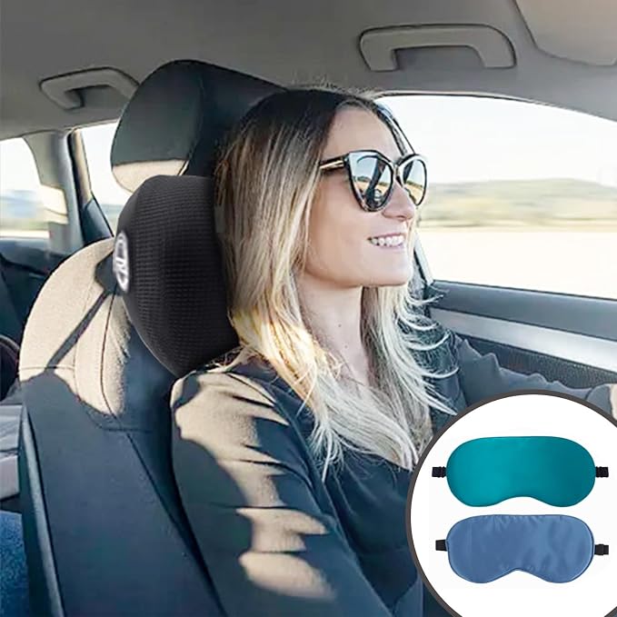 2 Pack Car Headrest Pillow, Soft Support Car Pillow with Adjustable Strap | 100% Memory Foam & Breathable Removable Cover, Ergonomic Design, Universal Neck Pillow for Car & Office Chairs(2 Sleep Masks)