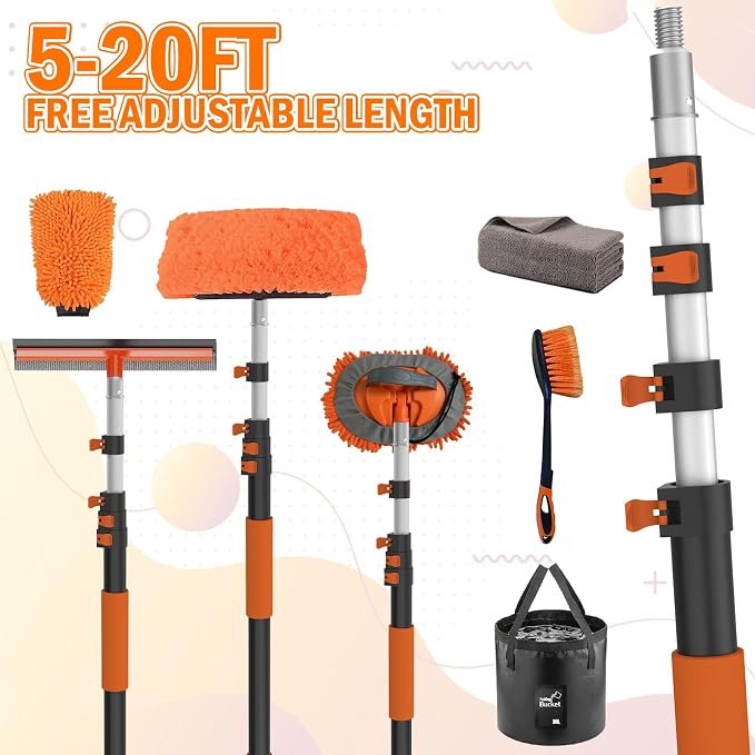 LAANPOLE 20FT Car Wash Brush with Long Handle, Car Cleaning Kit with Soft Bristle Wash Brush, Microfiber Cleaning Mop, Window Squeegee, Mitt, Wheel Brush, Bucket, Drying Towel for RV, Truck, Boat