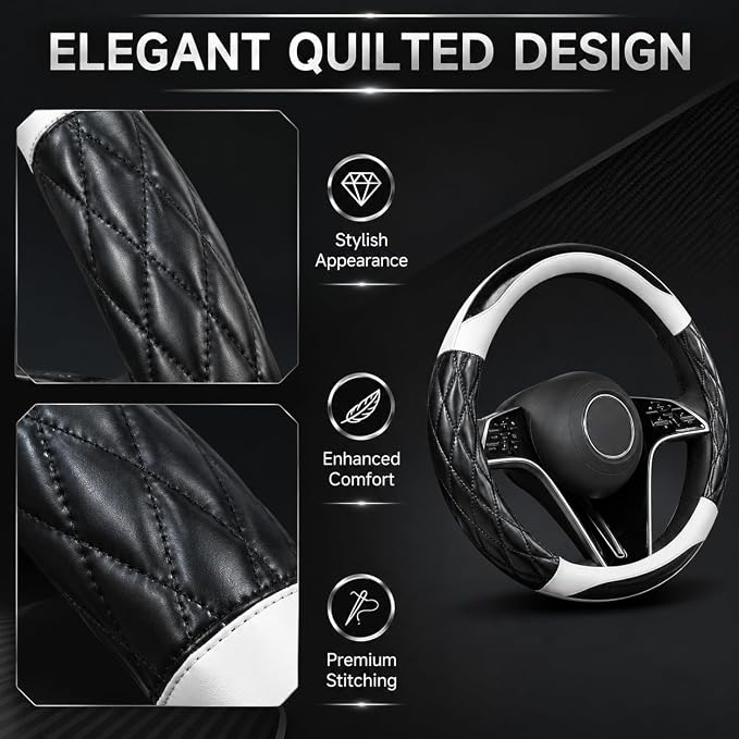 Couslcd 14.5-15 Inch Leather Steering Wheel Cover with Soft Padded Lining, Anti-Slip Comfort Grip, Universal Steering Wheel Protector for Most Cars, SUVs, Trucks (White)