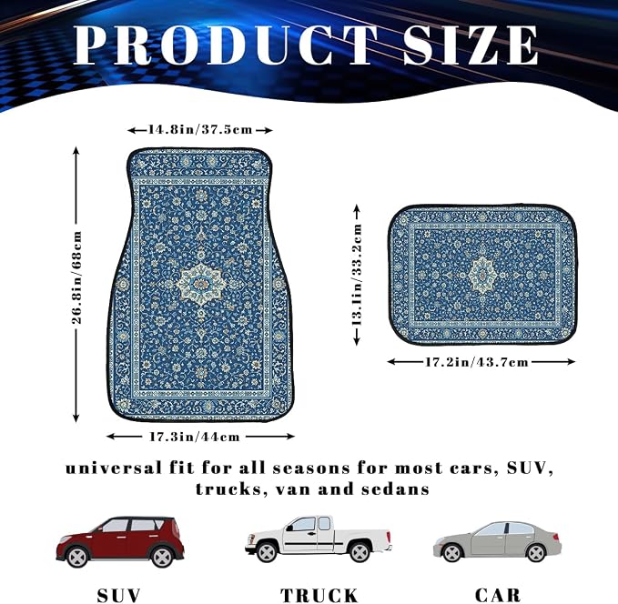 Carpet Car Floor Mats Blue Floral Rug Carpet Front Rear Carpets Mat Decorative Car Floor Carpets Non-Slip Auto Car Accessories Universal Fit for Car SUV Truck Van