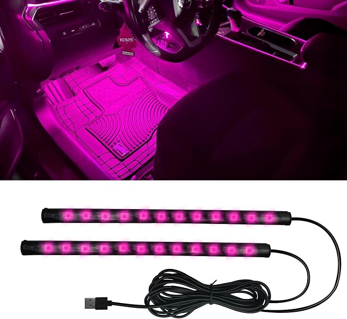 Car LED Strip Light, Car Interior Lights, 12V 24 LED Auto Under Dash Atmosphere Lights with USB Port, Auto Atmosphere Under Dash Lighting Kit for Vehicles (Pink Purple, USB)