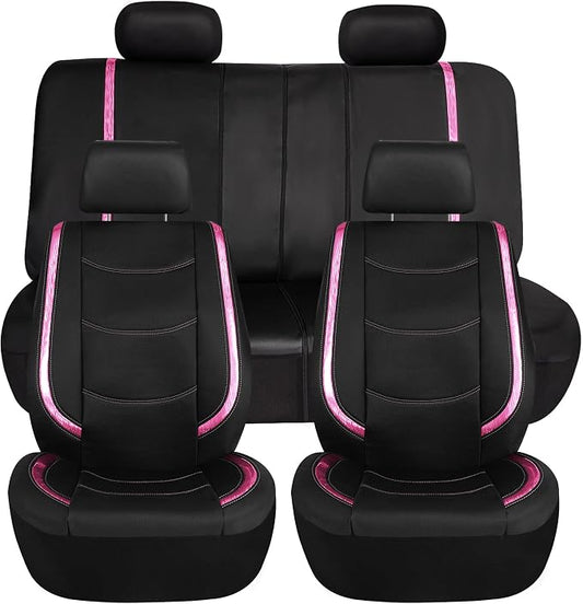 FH Group Full Set Faux Leather Car Seat Covers - Universal Fit, Low Back Front Seat Covers, Airbag Compatible, Split Bench Rear Seat Cover for SUV, Sedan, Pink
