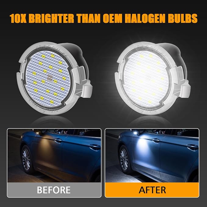 2PCS LED Side Mirror Puddle Lights 6000K White Round Shape Lamp for Ford | for Explorer Edge Expedition F150 Flex Fusion Ranger Mustang Taurus Taurus X, Plug-N-Play, CANBus Ready, SMD LEDs, Waterproof