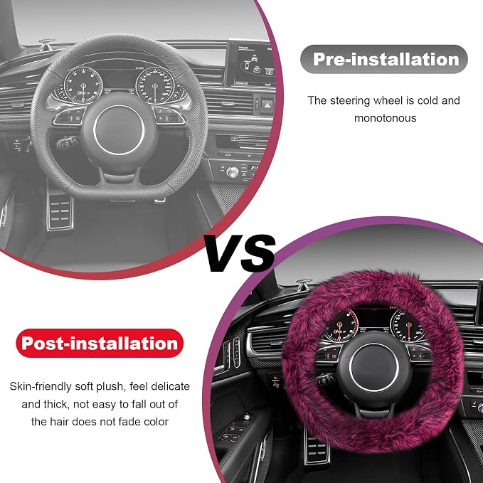 Fluffy Steering Wheel Cover, 15 Inch Anti-Slip Microfiber Plush Fuzzy Steering Wheel Cover, Winter Warm Elastic Fuzzy Steering Wheel Covers for Women and Men, Car Accessories (Rose Red)