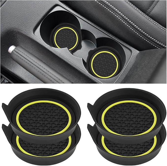 HZEL Car Cup Holder Coasters, 4PCS Non Slip Waterproof Vehicle Water Bottle Pads, Recessed Automotive Interior Drink Mat Decoration Accessories, Universal for SUV Sedan Truck (Yellow/Black)