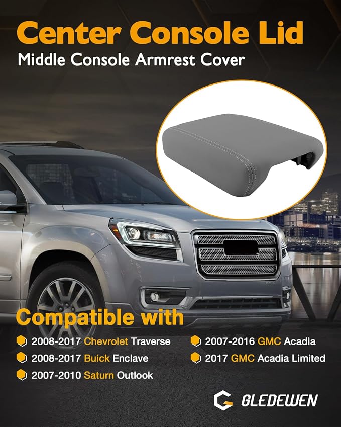 Center Console Lid, Fit for 2007-2016 GMC Acadia, 2008-2017 Chevy Traverse | Fit for Buick Enclave, 2007-2010 Saturn Outlook, Middle Console Armrest Cover Assembly, Replace OE#925-088 (Grey), 22905366