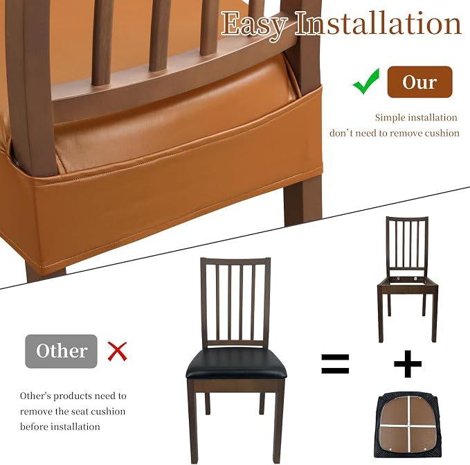 Leather Seat Covers for Dining Room Chairs Set of 6, Waterproof Kitchen Chair Seat Protector Slipcovers Made of 4-Way High Stretch PU Leather and Rear Covers Design (Orange 6 Pcs)