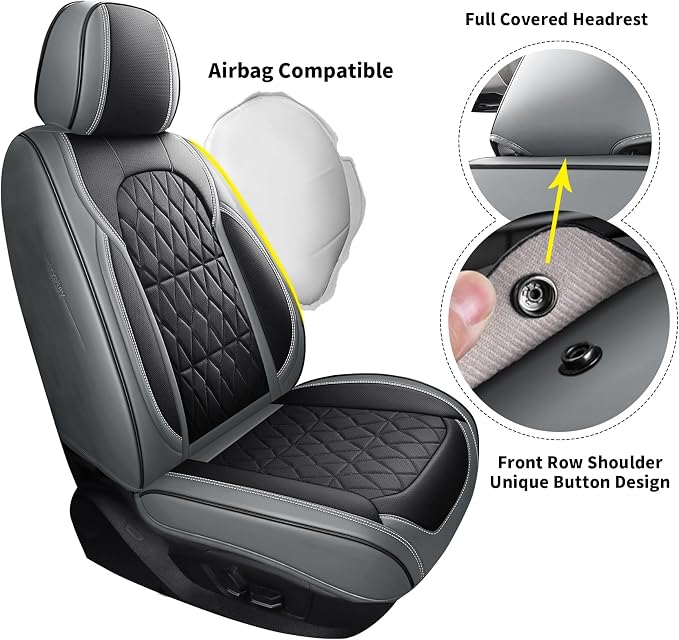 Aierxuan 360° Car Seat Covers Full Set Waterproof Leather, Black-Grey | Universal Fit Toyota Corolla Avalon Highlander Kia K5 Optima Rio Forte Selto Ford Ecosport Bronco Maverick Ranger