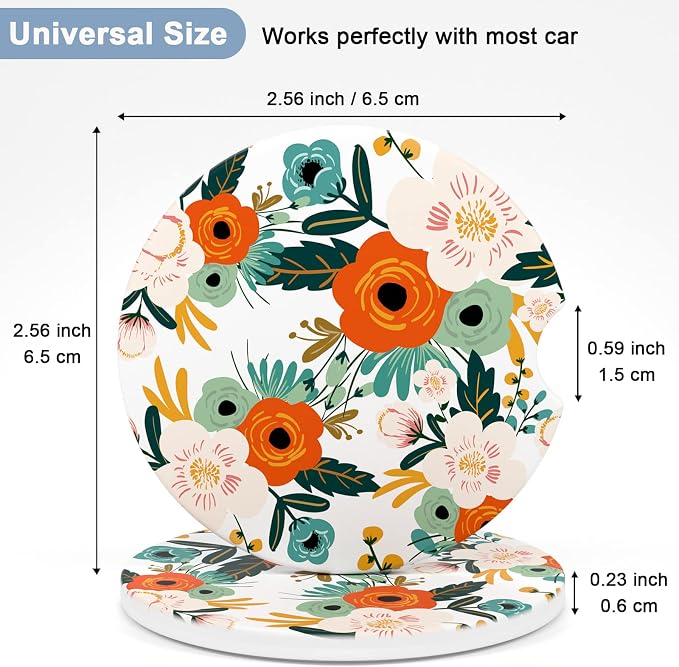 Nipichsha Car Coasters for Cup Holders, 2 Pack Absorbent Ceramic Car Cup Holder Coaster for Drinks, Cute Auto Assecories for Women Men, Size 2.56 in with Finger Notch & Cork Base, Bright Flowers