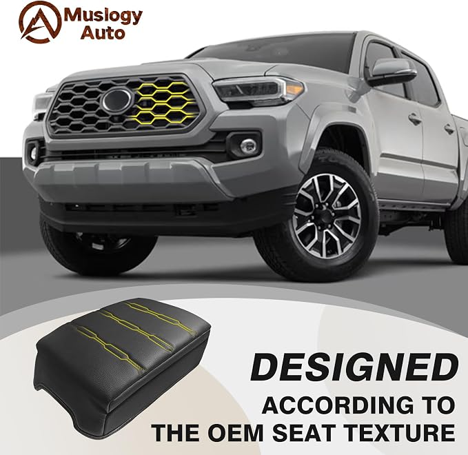 Muslogy Center Console Armrest Cover Fit for Toyota Tacoma 2016-2023 Accessories, Comfort Armrest Pad Console Lid Cushion Vegan Leather 1-Inch Extra Thick