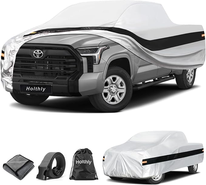 10 Layers Truck Cover Waterproof All Weather Custom Fit Toyota Tundra(2021-2026) Double Cab/CrewMax Cab Short Bed, Outdoor Full Exterior Pickup Car Cover Sun Rain Snow Ice Protection. Sliver