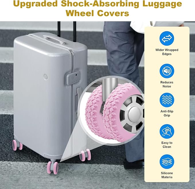 8PCS Silicone Luggage Wheel Covers for 2-2.4"Luggage Wheel Protector,Purple | Protective suitcase wheel sleeves for compatible carry-on luggage, daily travel rolling, and one 4x2 double-wheel suitcase.