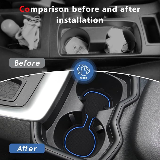 Auovo 3D Cup Holder Insert Liners Compatible with Toyota RAV4 Accessories 2025 2024 2023 2022 2021 2020 2019 Car Custom Cup Holder Mats Pads 3-pc Set (Blue Trim)