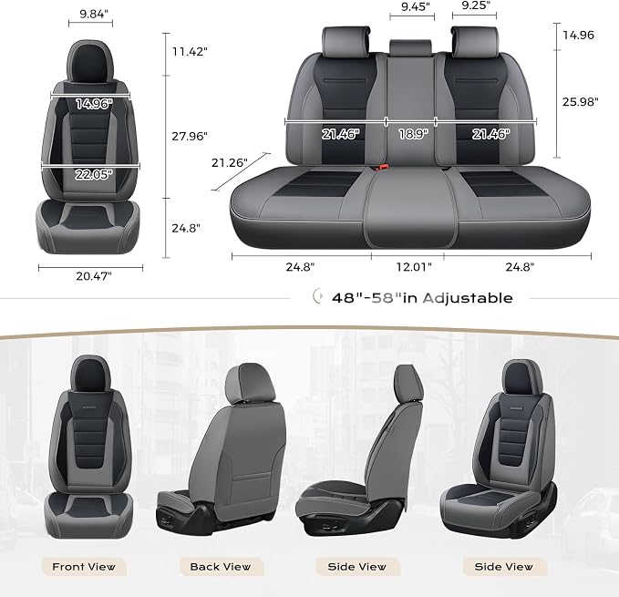 Coverado Car Seat Covers Full Set, Nappa Leather Seat Covers for Cars, Car Seat Protector Car Seat Cushion, Front and Back Seat Protectors Cushions Universal Fit for Most Cars Vehicles(Gray&Black)