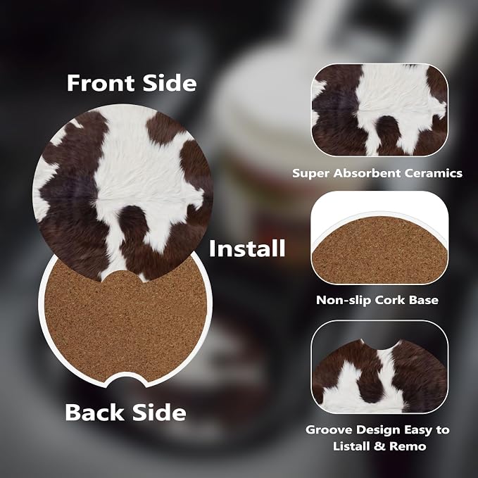 Ceramic Car Cup Coasters 2PCS - Animal Pattern | with Cork Back & Finger Slot, Anti-Slip Shock Absorbing, Universal Car Interior Accessories for Men Women