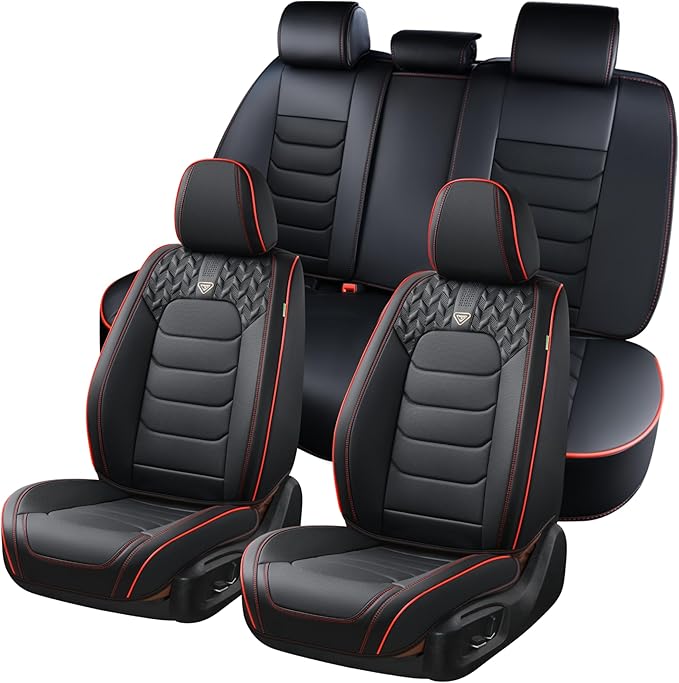 FLORICH Seat Covers Full Set,Leather Seat Covers, Front and Rear Seats Cover 5 Seats, Waterproof Car Seat Cushion Protector Accessories for Sedan SUV Pick-up Truck(Black&Red line, Full Set)