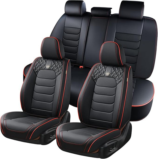 FLORICH Seat Covers Full Set,Leather Seat Covers, Front and Rear Seats Cover 5 Seats, Waterproof Car Seat Cushion Protector Accessories for Sedan SUV Pick-up Truck(Black&Red line, Full Set)