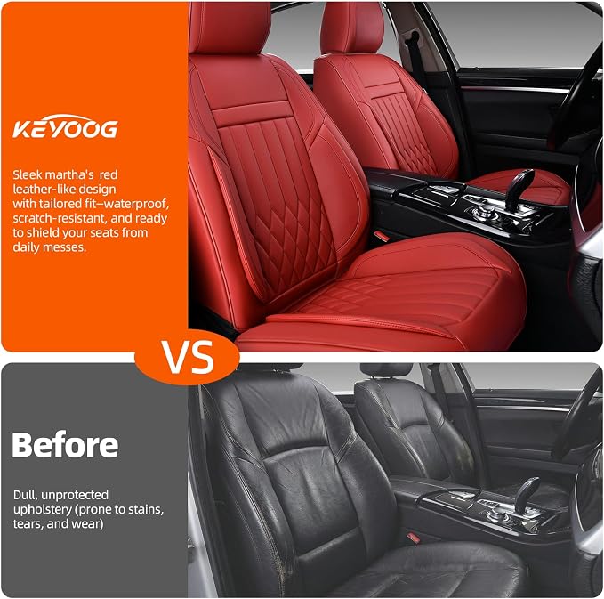 Universal 2-Seater Waterproof Breathable Nappa Leather Car Seat Covers Full Set, Fit for Front Seats, Compatible with Dodge Journey, Toyota Yaris, Honda Pilot HR-V City, Fit Most Sedans SUV Red
