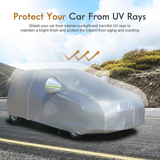 Tecoom Light Shell Car Cover Waterproof All Weather, Breathable Material with Door Zipper & Mirror Pockets, Rain Snow Sun Wind Protection Outdoor & Indoor Full Covers Fit for Hatchback (160-172")