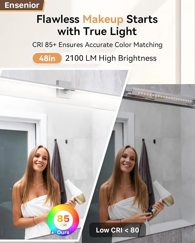Ensenior Modern Bathroom Vanity Light 48 Inch, Built-in Dimmer, 28W Dimmable 5CCT LED Light Fixture Over Mirror, Baked-on Matte Grey Vanity Lights for Mirror Cabinets Bedroom - FCC & ETL Certificated