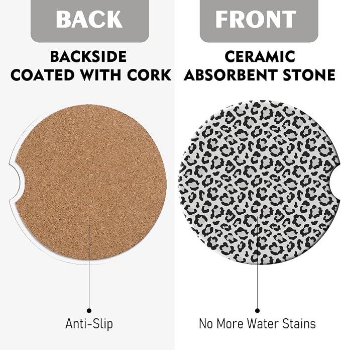 2 Pack Car Coasters for Cup Holders, Absorbent Ceramic Cup Coaster with Cork Base and Finger Notch, Cute Car Accessories Interior for Women Men (Leopard-White)