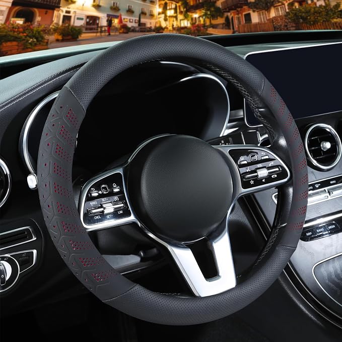 3D Slim Soft 14 inch Leather Steering Wheel Cover Black with Red | Breathable Anti-Slip Premium Skin-Feel Perforated Thin Nappa Leather, Small 13.5 inch to 14 inch
