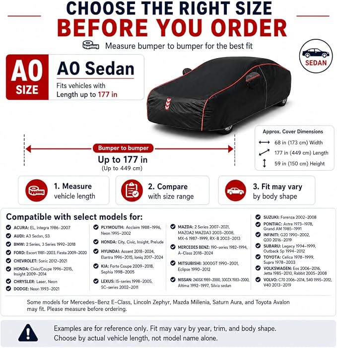 Car Cover Waterproof All Weather, 8-Point Fastening for Sedans up to 177 in | 8-Point Fastening, 120s Quick Setup, 600D Oxford Fabric, All-Weather Protection