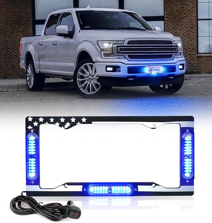 Xprite 36 LED License Plate Strobe Light, US Flag Front/Rear Utility Lights, 22 Modes Caution Frame for Construction Towing Snow Plow Pickup Work Trucks Cars - Blue (w/Pre-Installed 9FT Cable)